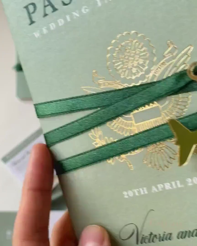 Sage Green Luxury Passport Wedding Invitation with Gold Foil + Engraved Plane, Destination Wedding, Wedding Abroad, Boarding Pass, Travel