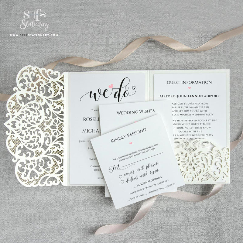 Ivory Pocketfold Lace White Wedding Invitations