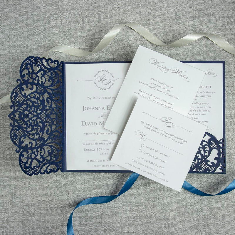 Navy Blue Pocketfold Lace Floral Wedding Invitations