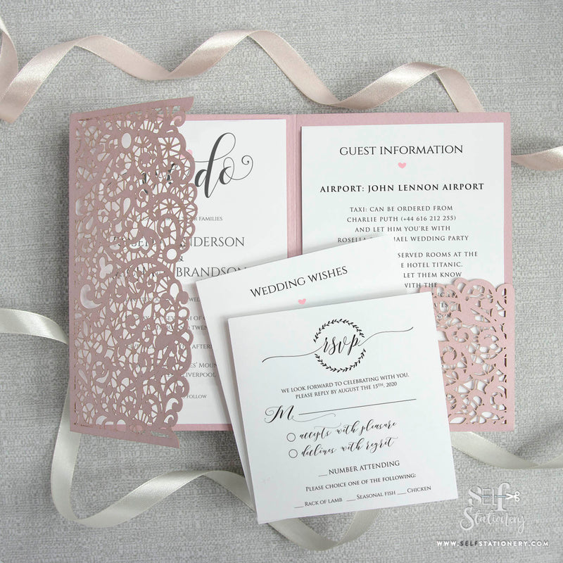 Misty Rose Pocketfold Lace Floral Wedding Invitations