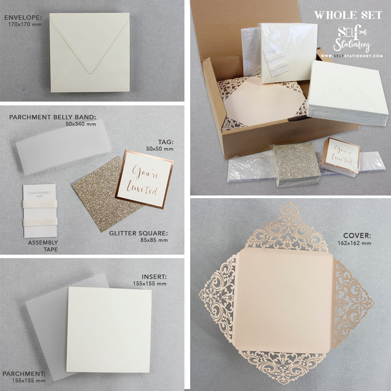 Peach Elegant Lace Square Wedding Invitations with Rose Gold foil and Gold Glitter