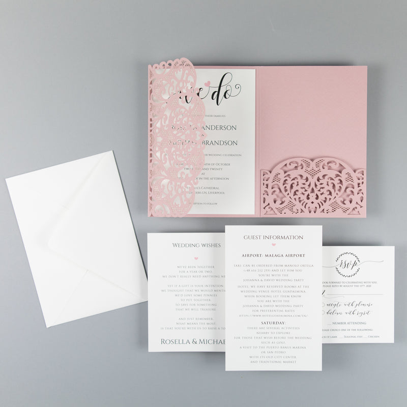 Beautiful Luxury Pink Laser Cut Wedding Invitations Folder - Wedding Invite - Classic 3 tier