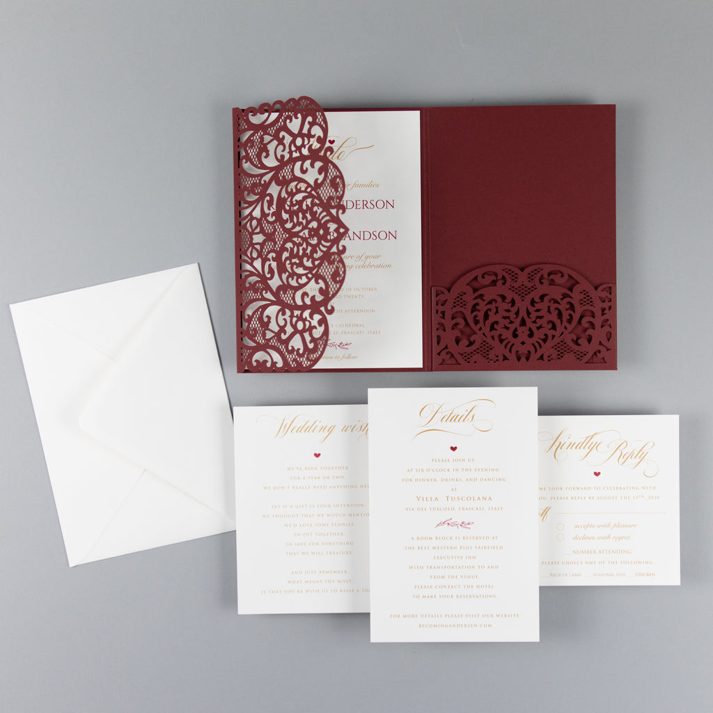 Luxur Burgundy Laser Cut Wedding Invitations Folder - Wedding Invite - Classic 3 tier