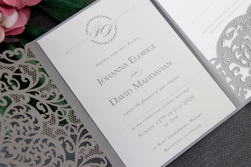 Beautiful Luxury Grey Laser Cut Wedding Invitations Folder - Wedding Invite - Classic 3 tier