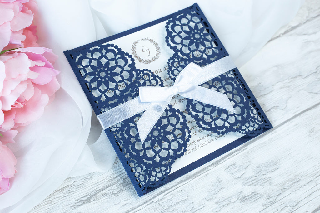 Elegant Navy Blue Wedding Invitations - Laser cut Floral Invitation with Cream Insert