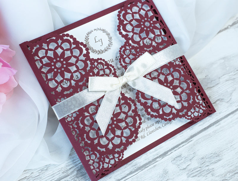 Elegant Burgundy Wedding Invitations - Laser cut Floral Invitation with Cream Insert