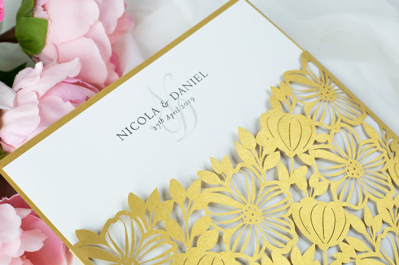 Old Gold Floral Square Wedding Invitations with Envelopes DIY Kit