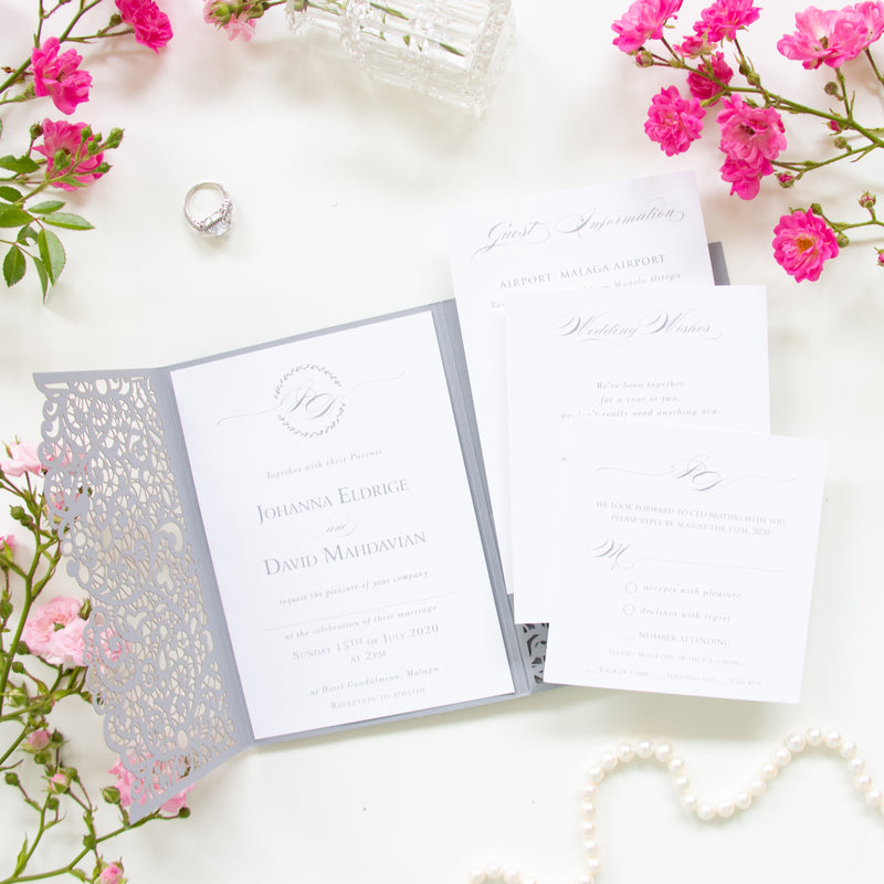 Laser Cut Covers Pocket Fold Invitations Grey - Pocketfold Elements, DIY Cut, 3 fold pocket, Wedding Cards