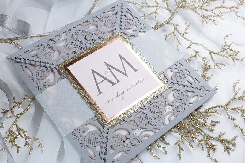 Grey Square Elegant Wedding Invitations with Peach Insert and Gold Glitter