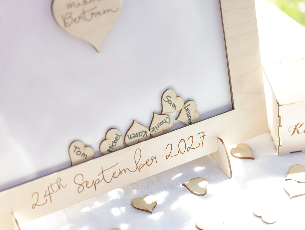 Personalized Wooden Sign GuestBook Custom 3D Drop Box + Engraved Wooden Box + Wooden Pen Set Frame Alternative Flower Motive