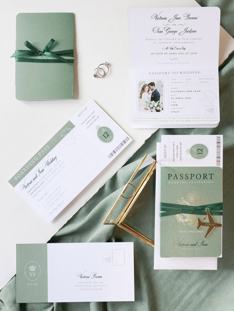 Sage Green Luxury Passport Wedding Invitation with Gold Foil + Engraved Plane, Destination Wedding, Wedding Abroad, Boarding Pass, Travel