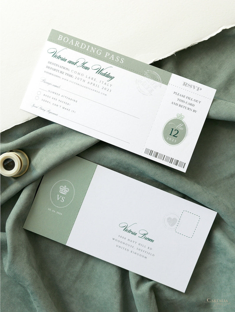 Sage Green Luxury Passport Wedding Invitation with Gold Foil + Engraved Plane, Destination Wedding, Wedding Abroad, Boarding Pass, Travel