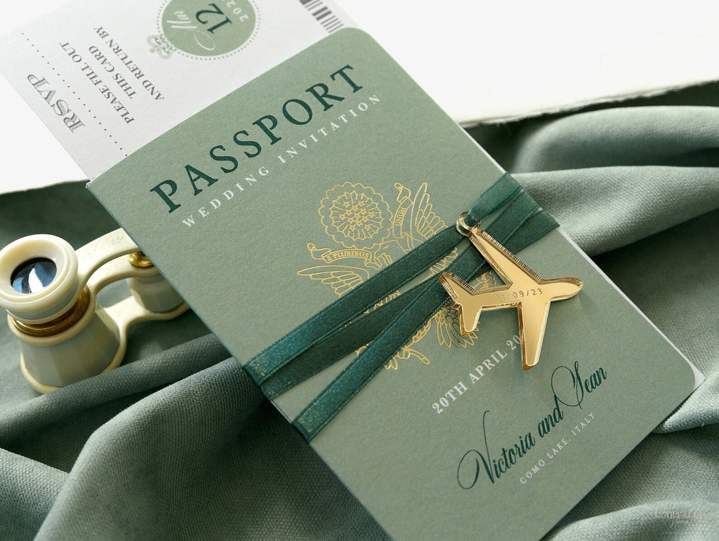 Sage Green Luxury Passport Wedding Invitation with Gold Foil + Engraved Plane, Destination Wedding, Wedding Abroad, Boarding Pass, Travel