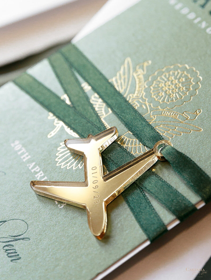 Sage Green Luxury Passport Wedding Invitation with Gold Foil + Engraved Plane, Destination Wedding, Wedding Abroad, Boarding Pass, Travel