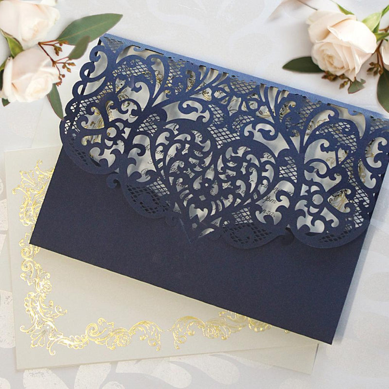 Royal Blue Laser Cut Pocket Wedding Invitations Gold Foiled Insert