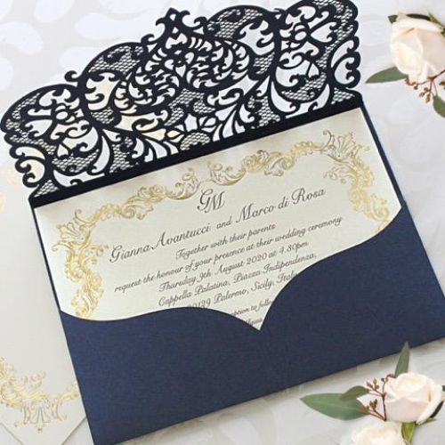 Royal Blue Laser Cut Pocket Wedding Invitations Gold Foiled Insert