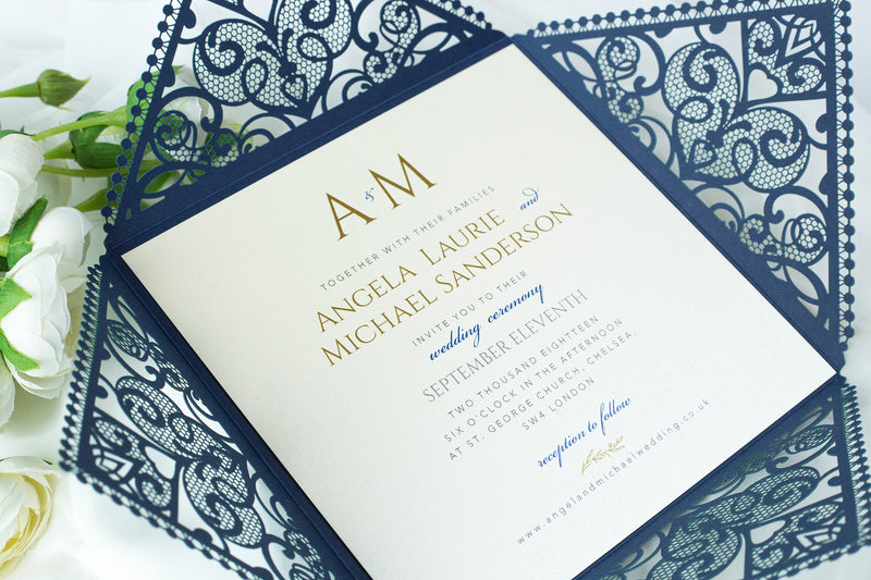 Navy Blue Elegant Wedding Invitations with Cream Insert and Gold Glitter