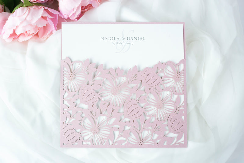 Elegant Floral Square Lace Misty Rose Wedding Invitations with Envelopes DIY Invitation Cards Kit Laser Cut Set