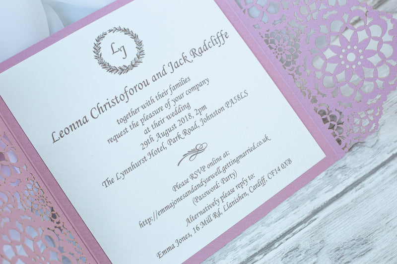 Elegant Pink Wedding Invitations - Laser cut Floral Invitation with Cream Insert