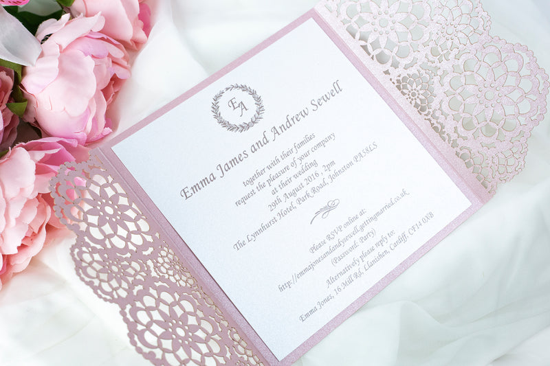 Elegant Metallic Pink Wedding Invitations - Laser cut Floral Invitation with Cream Insert