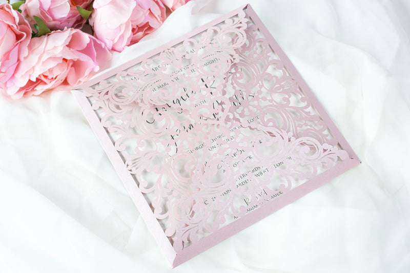 Lace Misty Rose Square Elegant Wedding Invitations