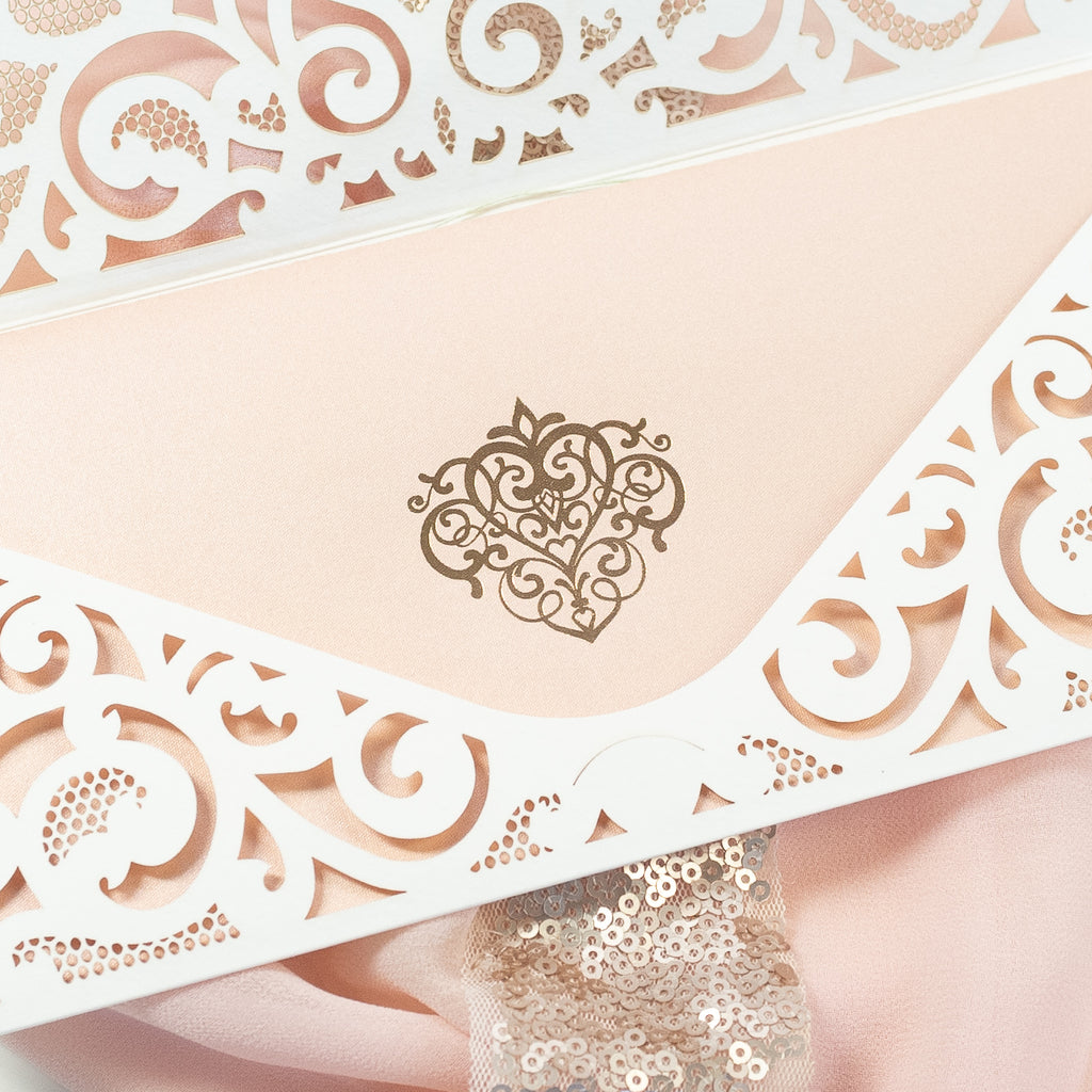 White Pocket Inivtation With Peachy Insert Rose Gold Foil Ornament