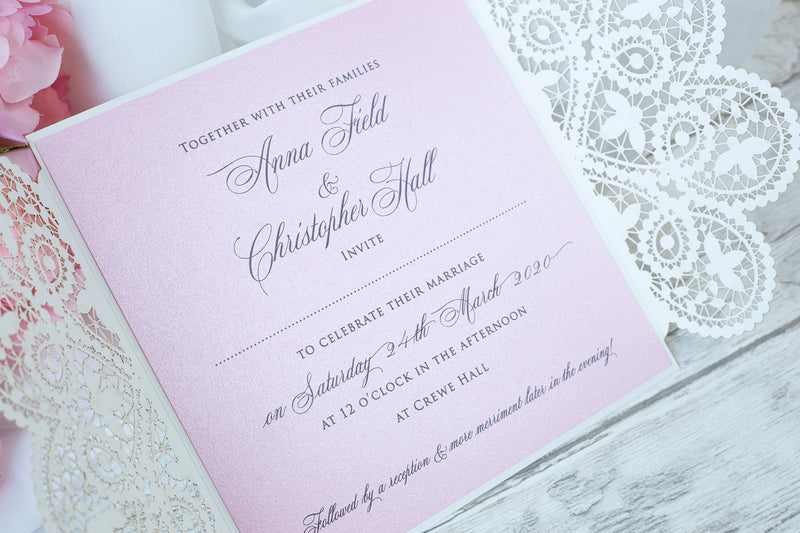 Square Gatefold White Lace Wedding Invitations with Rose Insert