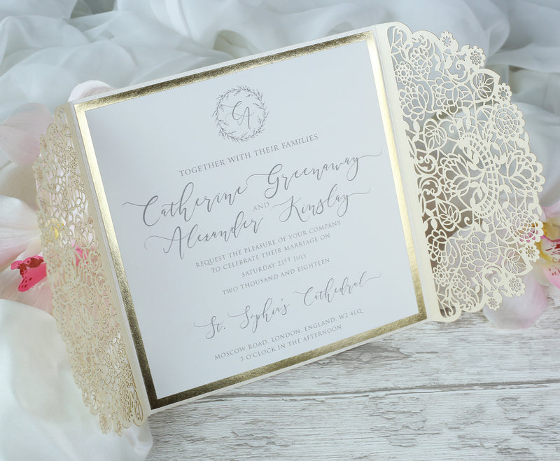 Laser Cut Gatefold Wedding Invitation with Cream Silk Ribbon